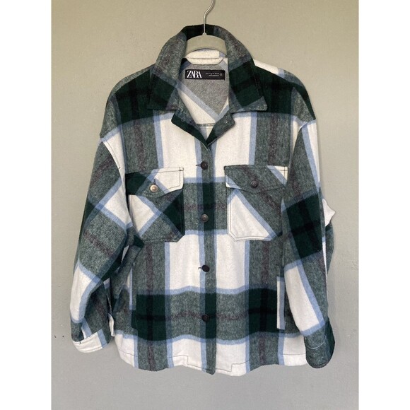 ZARA Oversize Plaid Shacket Wool Blend Jacket Women M Green White Flannel Layer - Picture 2 of 16